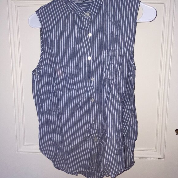 Navy & White Vertical Stripe Sleeveless Button-Up – Lightweight Collared Shirt w - Picture 1 of 5